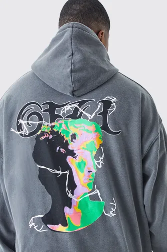 Mens Grey Plus Core Fit Overdye Ofcl Psychadelic Graphic Hoodie, Grey