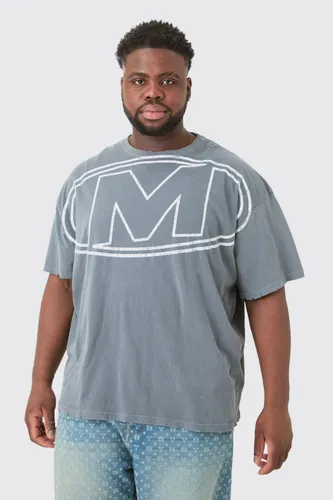 Mens Grey Plus Distressed Oversized Logo Graphic T-shirt, Grey