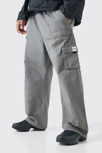 Mens Grey Plus Elastic Waist Relaxed Fit Buckle Cargo Jogger, Grey