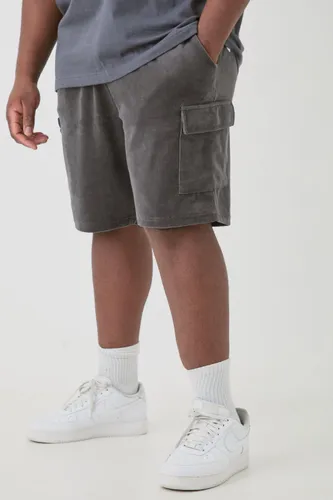 Mens Grey Plus Elasticated Waist Velour Cargo Shorts, Grey
