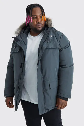 Mens Grey Plus Faux Fur Hooded Arctic Parka Jacket in Charcoal, Grey