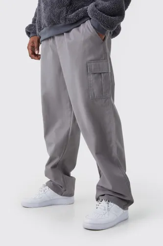 Mens Grey Plus Fixed Waist Straight Leg Twill Cargo Trouser, Grey