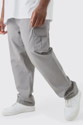 Mens Grey Plus Fixed Waist Twill Straight Leg Cargo Tab Trouser, Grey