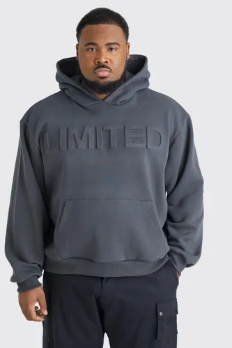 Mens Grey Plus Oversized Boxy Limited Embossed Hoodie, Grey