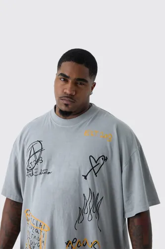Mens Grey Plus Oversized Extended Neck Graffiti T-shirt, Grey