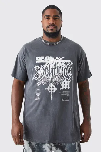 Mens Grey Plus Oversized Overdyed Gothic Graphic T-shirt, Grey