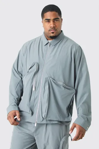 Mens Grey Plus Technical Stretch Harrington Asymmetrical Jacket, Grey
