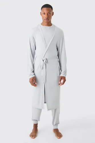 Mens Grey Premium Modal Mix Relaxed dressing gown, T-shirt & Lounge Bottom Set, Grey