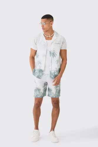 Mens Grey Regular Linen Look Watercolour Landscape Shirt & Short, Grey