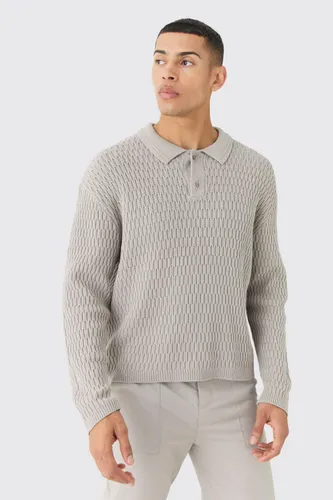 Mens Grey Regular Long Sleeve Textured Knit Polo, Grey