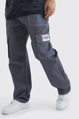 Mens Grey Relaxed Contrast Stitch Cargo Trouser With Woven Tab, Grey
