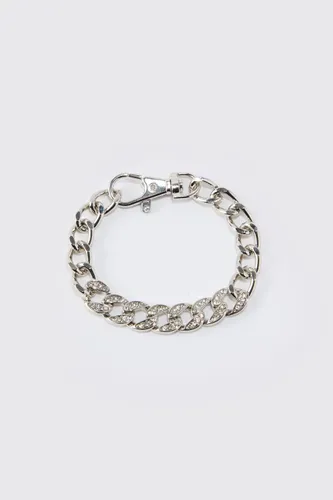 Mens Grey Rhinestone Chunky Chain Clasp Detail Bracelet, Grey