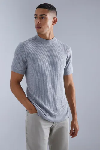 Mens Grey Ribbed Short Sleeve Extended Neck Knitted T-shirt, Grey