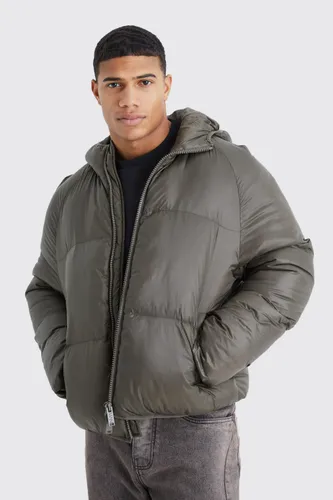 Mens Grey Sheen Quilted Nylon Puffer With Hood, Grey