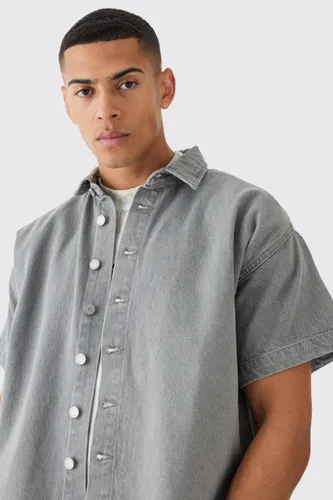 Mens Grey Short Sleeve Boxy Fit Denim Shirt, Grey