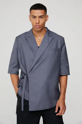 Mens Grey Short Sleeve Tie Side Oversized Blazer, Grey