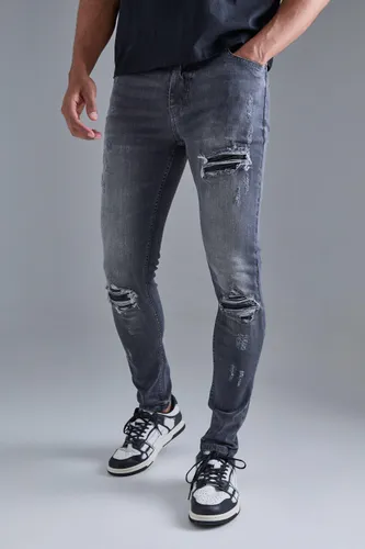 Mens Grey Skinny Stretch Black Pu Biker Rip & Repair Jeans, Grey