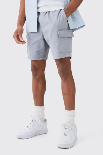 Mens Grey Slim Fit Elasticated Waist Cargo Shorts, Grey