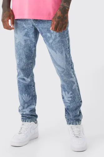Mens Grey Slim Fit Laser Print Jeans, Grey