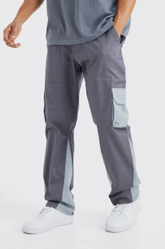Mens Grey Slim Flare Gusset Colour Block Cargo Trouser, Grey