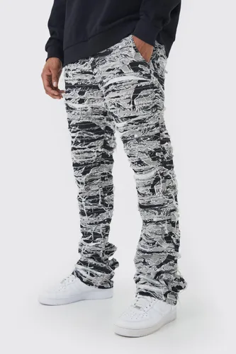 Mens Grey Slim Stacked Flare Heavily Distressed Camo Trouser, Grey