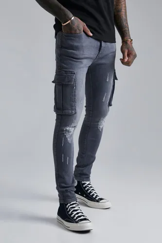 Mens Grey Super Skinny Cargo Jeans With Knee Rips, Grey