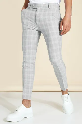 Mens Grey Super Skinny Crop Check Tailored Trouser, Grey