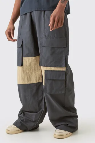 Mens Grey Tall Colour Block Cargo Parachute trousers, Grey
