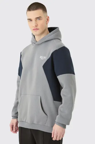 Mens Grey Tall Colour Block Man Roman Panelled Hoodie In Charcoal, Grey