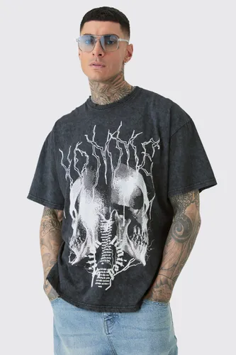 Mens Grey Tall Distressed Oversized Acid Wash Gothic Print T-shirt, Grey