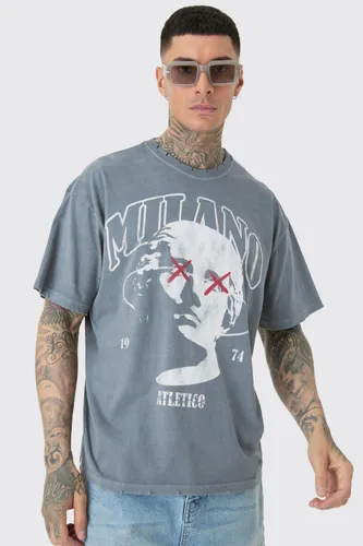 Mens Grey Tall Distressed Oversized Overdye Milano Graphic T-shirt, Grey