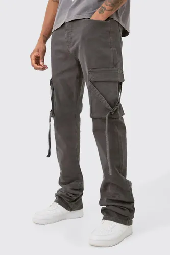 Mens Grey Tall Fixed Waist Slim Stacked Flare Strap Cargo Trouser, Grey