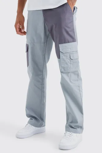 Mens Grey Tall Relaxed Fit Colour Block Tonal Branded Cargo Trouser, Grey