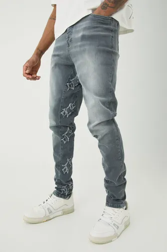 Mens Grey Tall Skinny Stretch Overdyed Applique Gusset Jeans, Grey