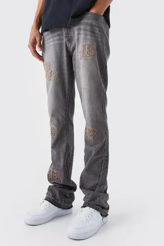 Mens Grey Tall Slim Rigid Flare Distressed Applique Jeans, Grey