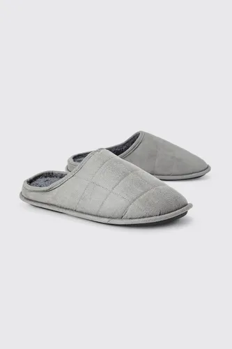 Mens Grey Velour Quilted Slippers, Grey