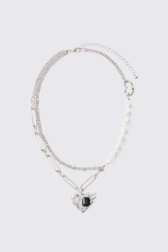 Men's Heart Pendant Pearl Necklace - Grey - One Size, Grey