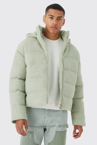 Men's Heavyweight Brushed Knit Quilted Puffer With Hood - Green - S, Green