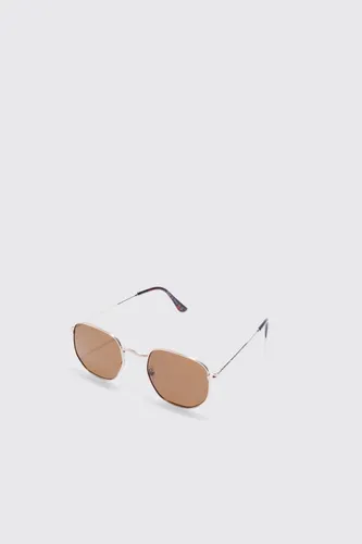 Men's Hexagonal Metal Sunglasses - Brown - One Size, Brown