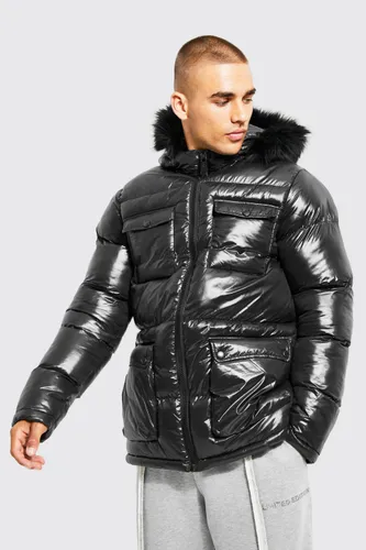 Men's High Shine 4 Pocket Fur Trim Hood Parka - Black - S, Black