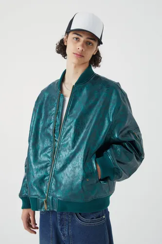 Men's High Shine Pu Bomber With Embroidery - Green - S, Green