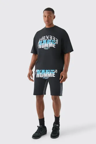 Men's Homme Print Denim Gusset T-Shirt And Short Set - Black - S, Black