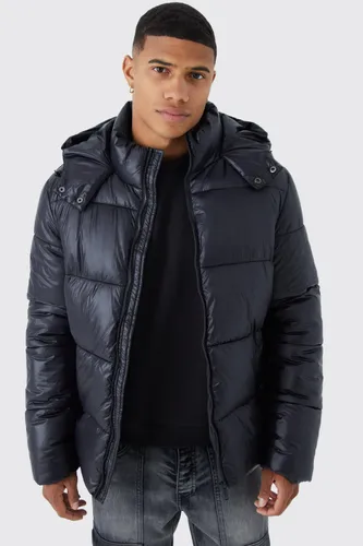 Men's Hooded High Shine Puffer Jacket In Black - Xs, Black