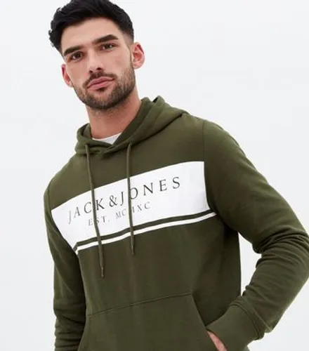 Men's Jack & Jones Dark Green Stripe Logo Hoodie New Look