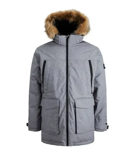 Men's Jack & Jones Grey Marl Faux Fur Hooded Parka Jacket New Look
