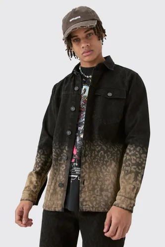 Men's Leopard Print Denim Overshirt In Tinted Black - S, Black