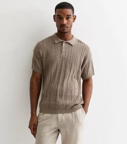 Men's Light Brown Cable Knit Relaxed Fit Short Sleeve Polo Top New Look