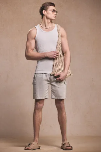 Men's Linen Elasticated Waist Cargo Shorts - Beige - S, Beige
