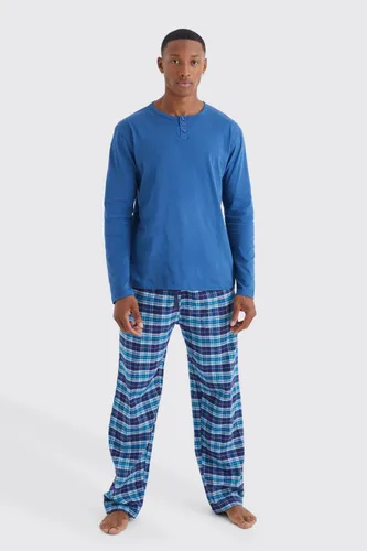 Men's Long Sleeve Check Pyjama Set - Blue - L, Blue