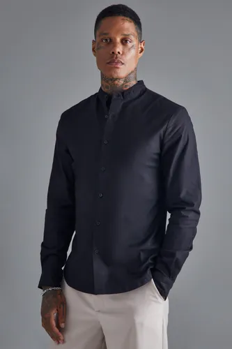 Men's Long Sleeve Grandad Collar Slim Shirt - Black - S, Black